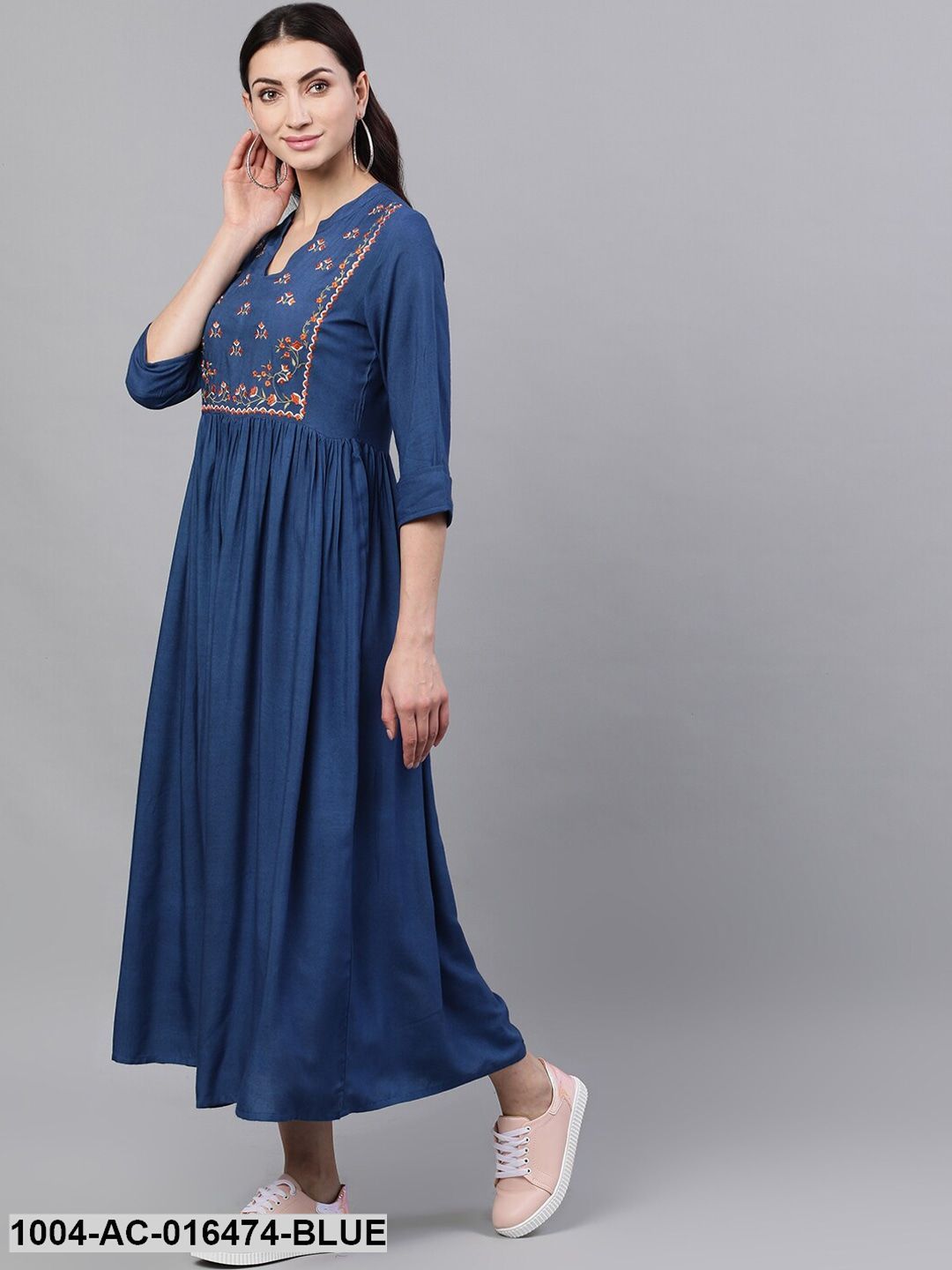 Blue Solid Embroidered Mandarin Collar Viscose Rayon Fit and Flare Dress