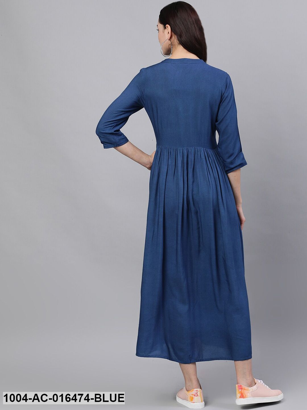 Blue Solid Embroidered Mandarin Collar Viscose Rayon Fit and Flare Dress