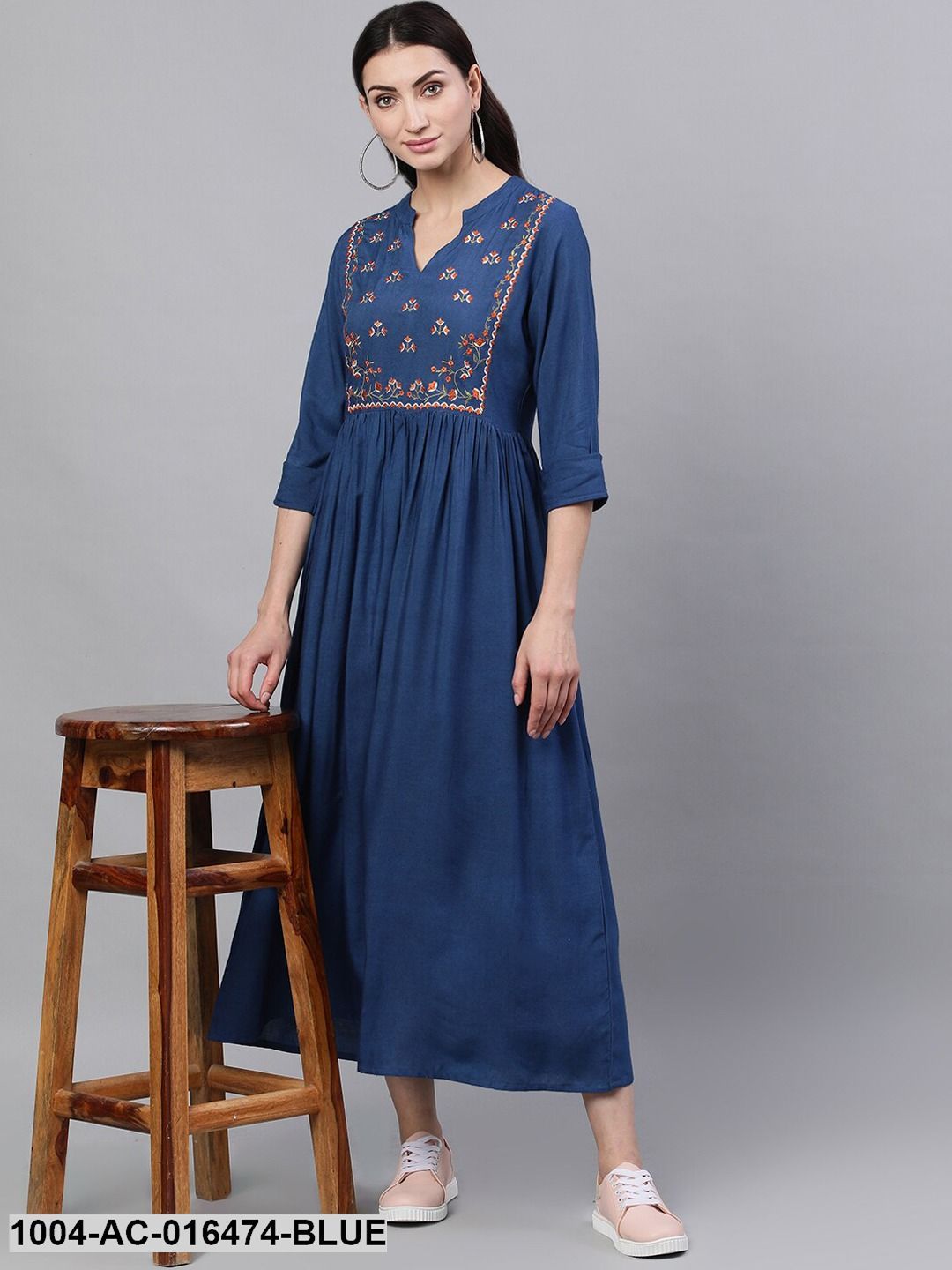 Blue Solid Embroidered Mandarin Collar Viscose Rayon Fit and Flare Dress