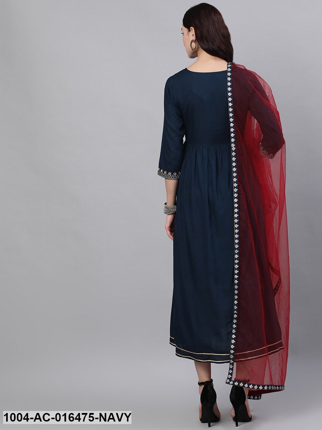 Navy Blue Solid Embroidered V-Neck Viscose Rayon Maxi Dress With Dupatta