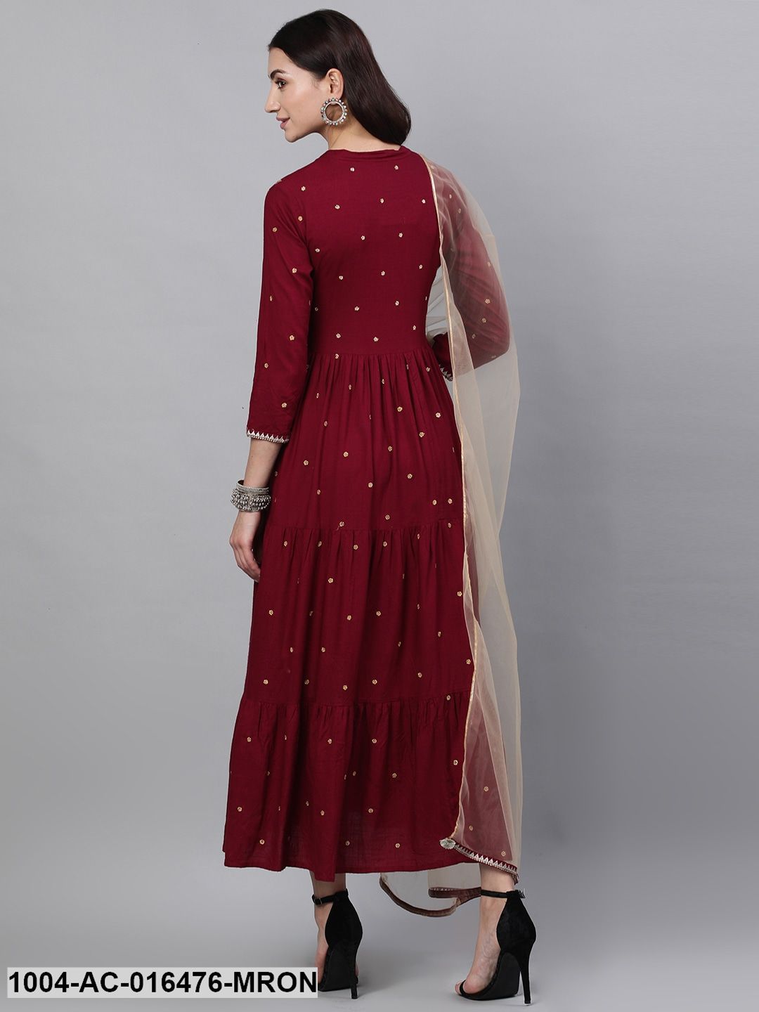 Maroon Solid Embroidered Mandarin Collar Viscose Rayon Maxi Dress With Dupatta