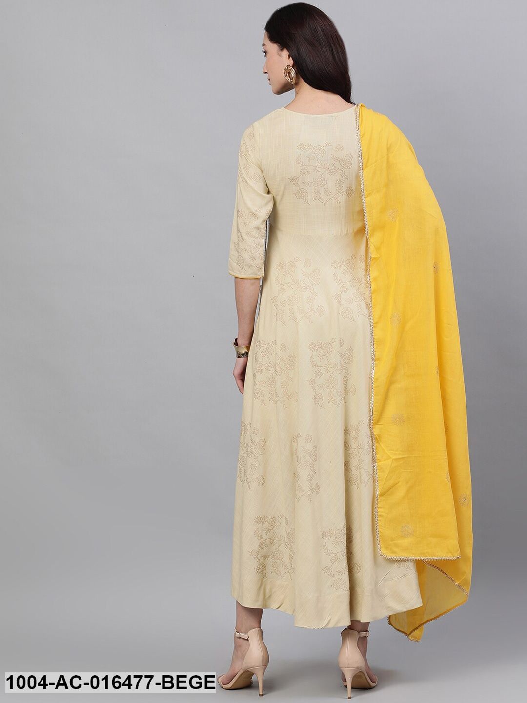 Beige Floral Printed Tie-Up Neck Viscose Rayon Maxi Dress With Dupatta