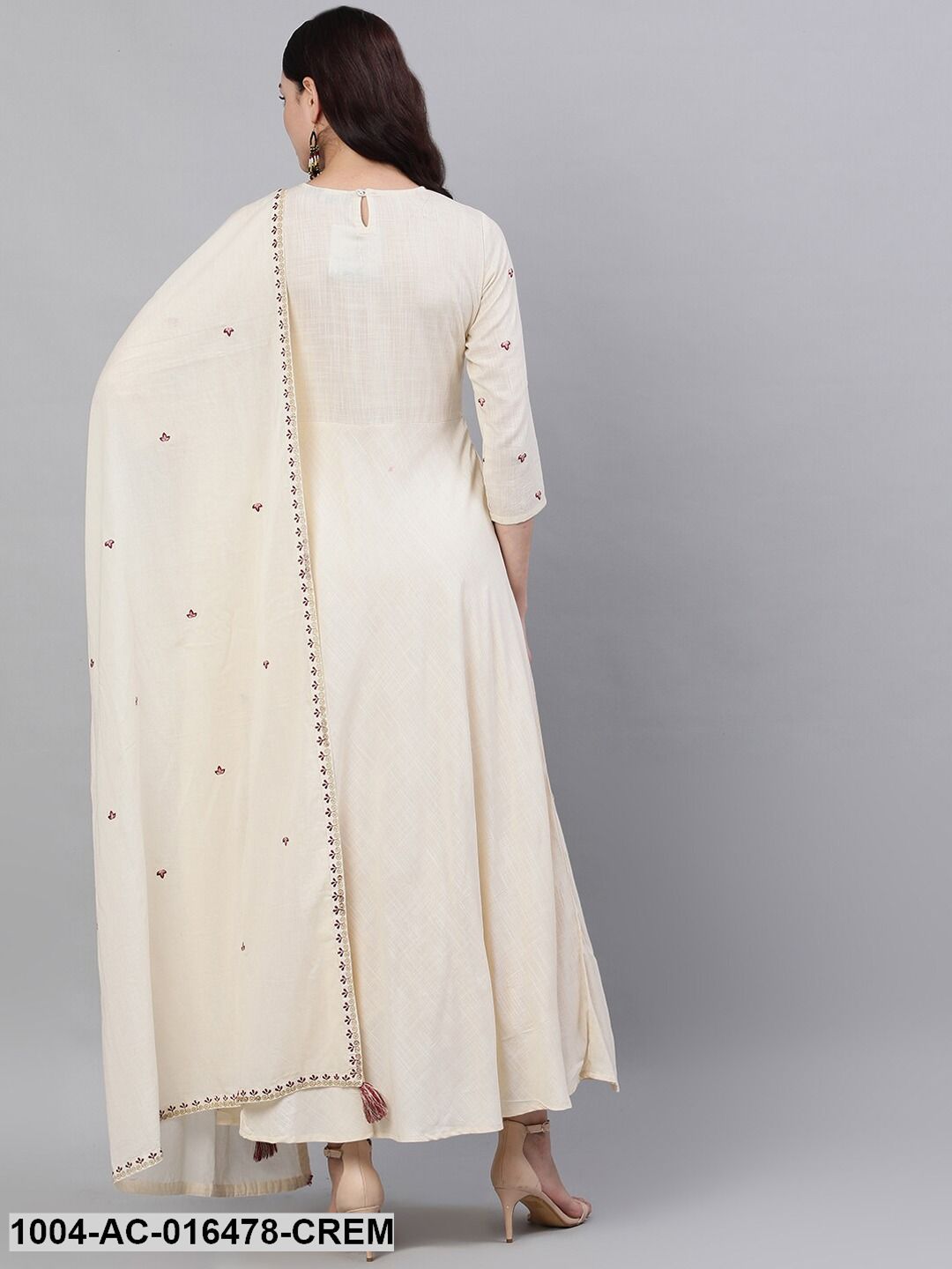 Off White Solid Solid Round Neck Viscose Rayon Maxi Dress With Dupatta
