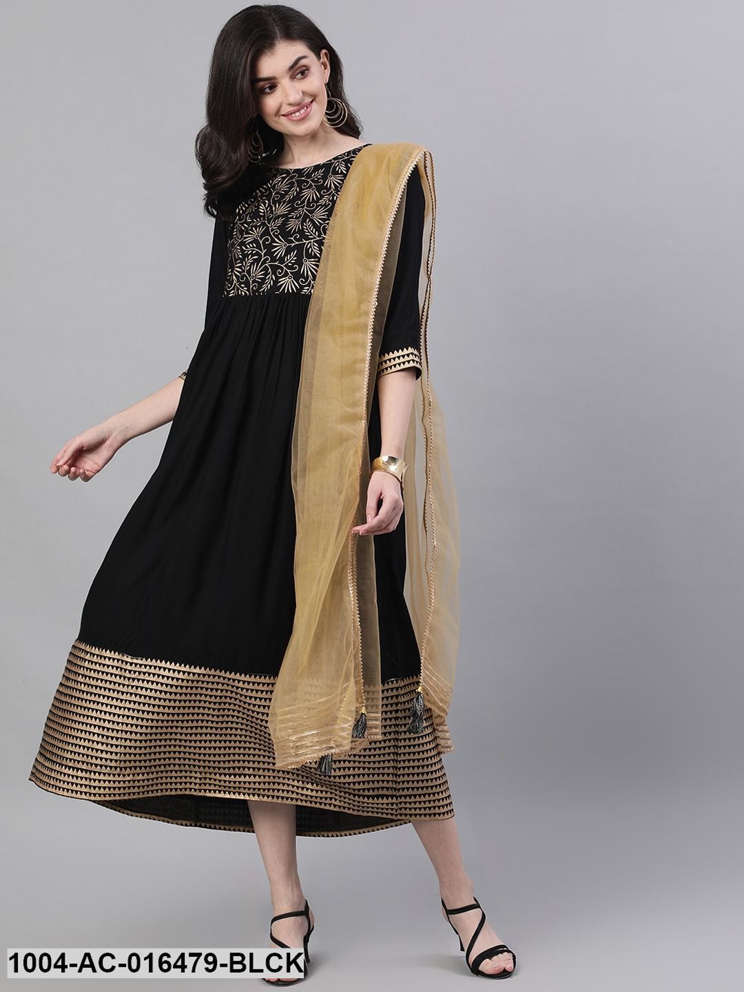 Black Floral Solid Round Neck Viscose Rayon Maxi Dress With Dupatta