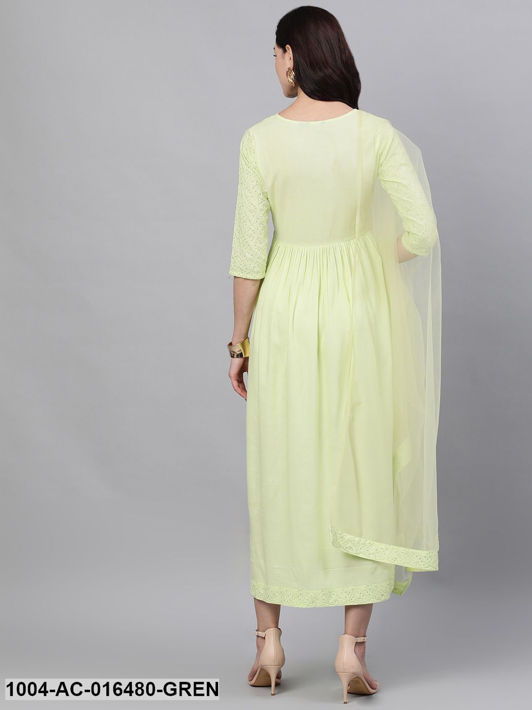 Light neon green Solid Embroidered Round Neck Viscose Rayon Maxi Dress With Dupatta