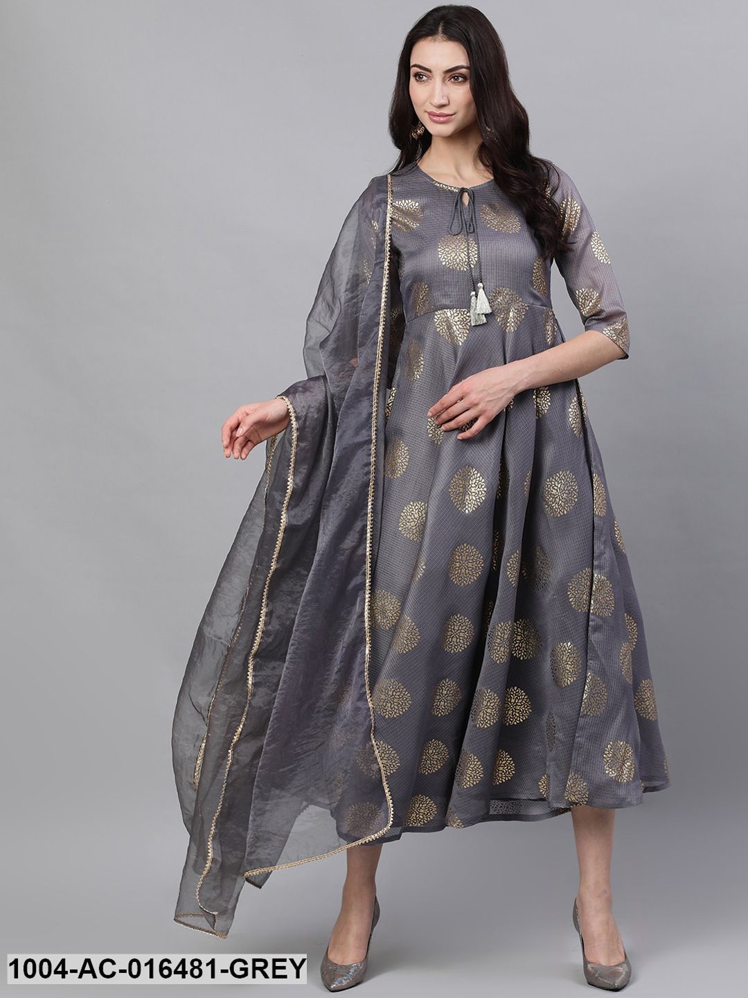 Grey Ethnic Motifs Printed Tie-Up Neck Cotton Maxi Dress With Dupatta