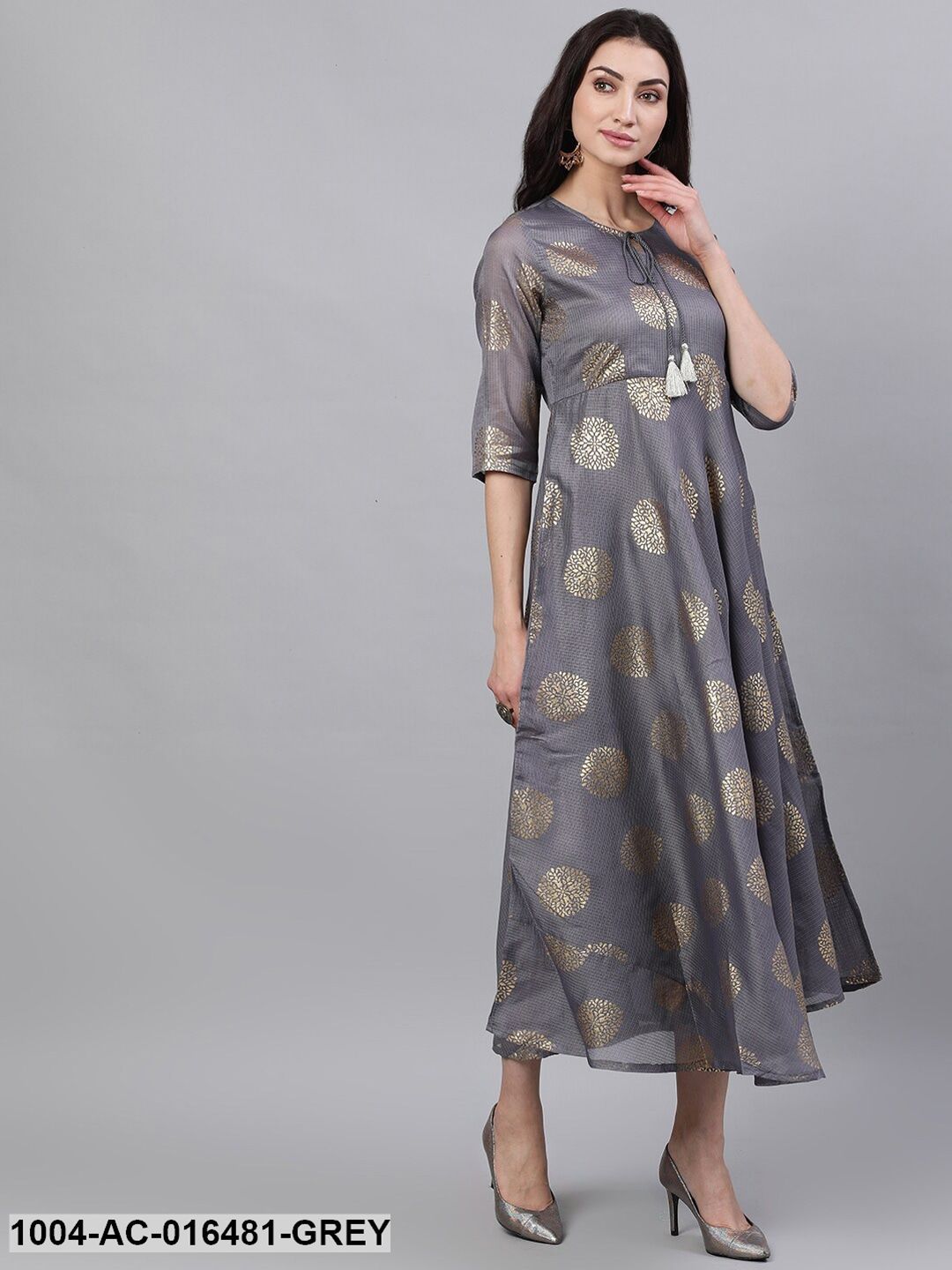 Grey Ethnic Motifs Printed Tie-Up Neck Cotton Maxi Dress With Dupatta