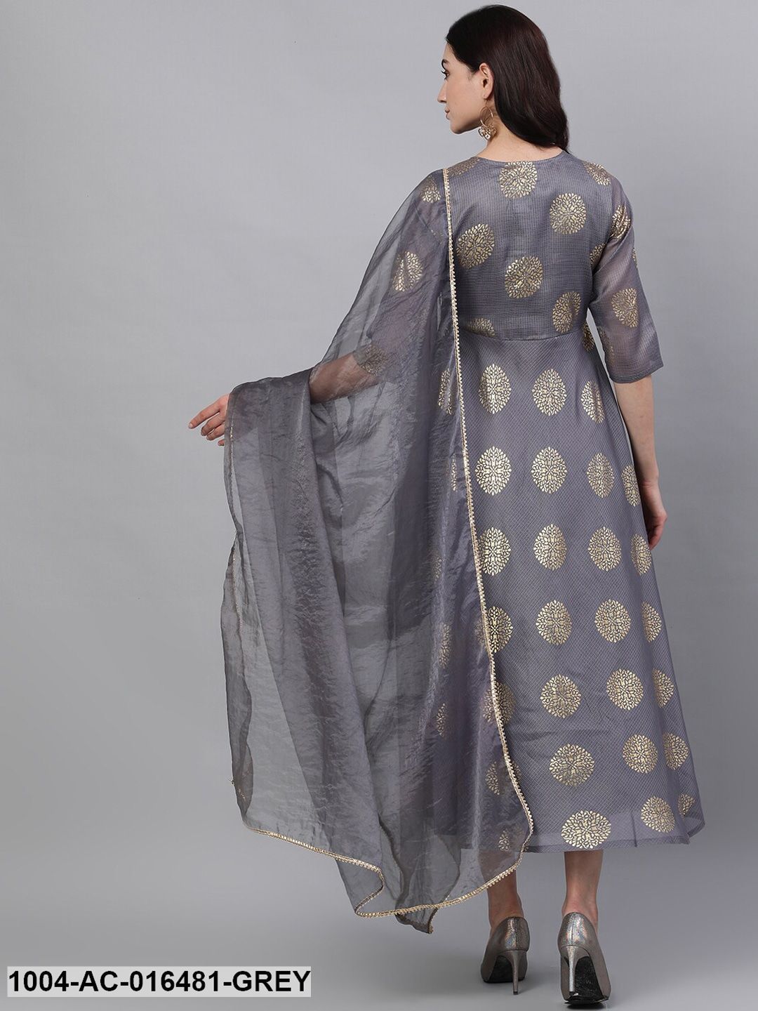 Grey Ethnic Motifs Printed Tie-Up Neck Cotton Maxi Dress With Dupatta