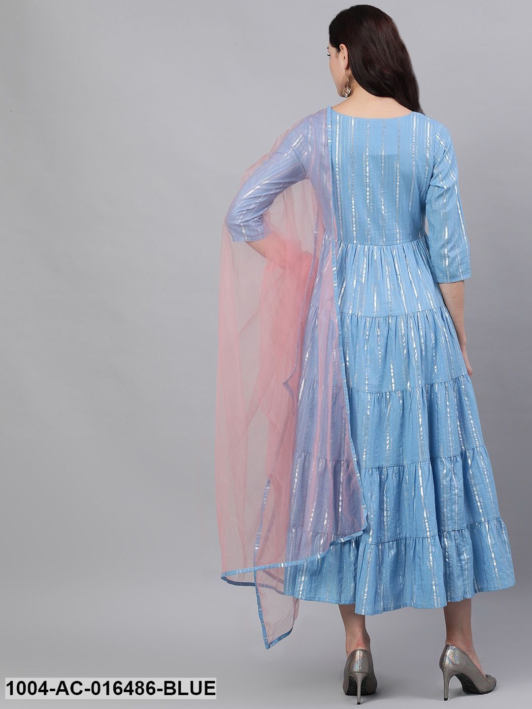 Blue Solid Solid Round Neck Cotton Maxi Dress