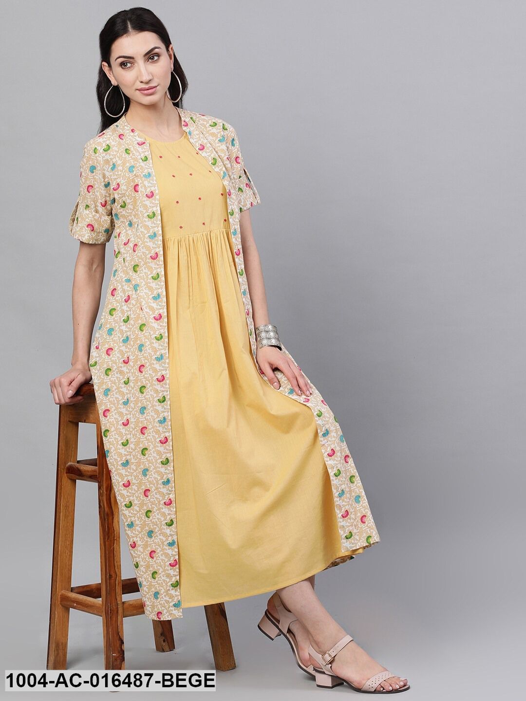 Beige Ethnic Motifs Printed Round Neck Cotton A-Line Dress with Shrug