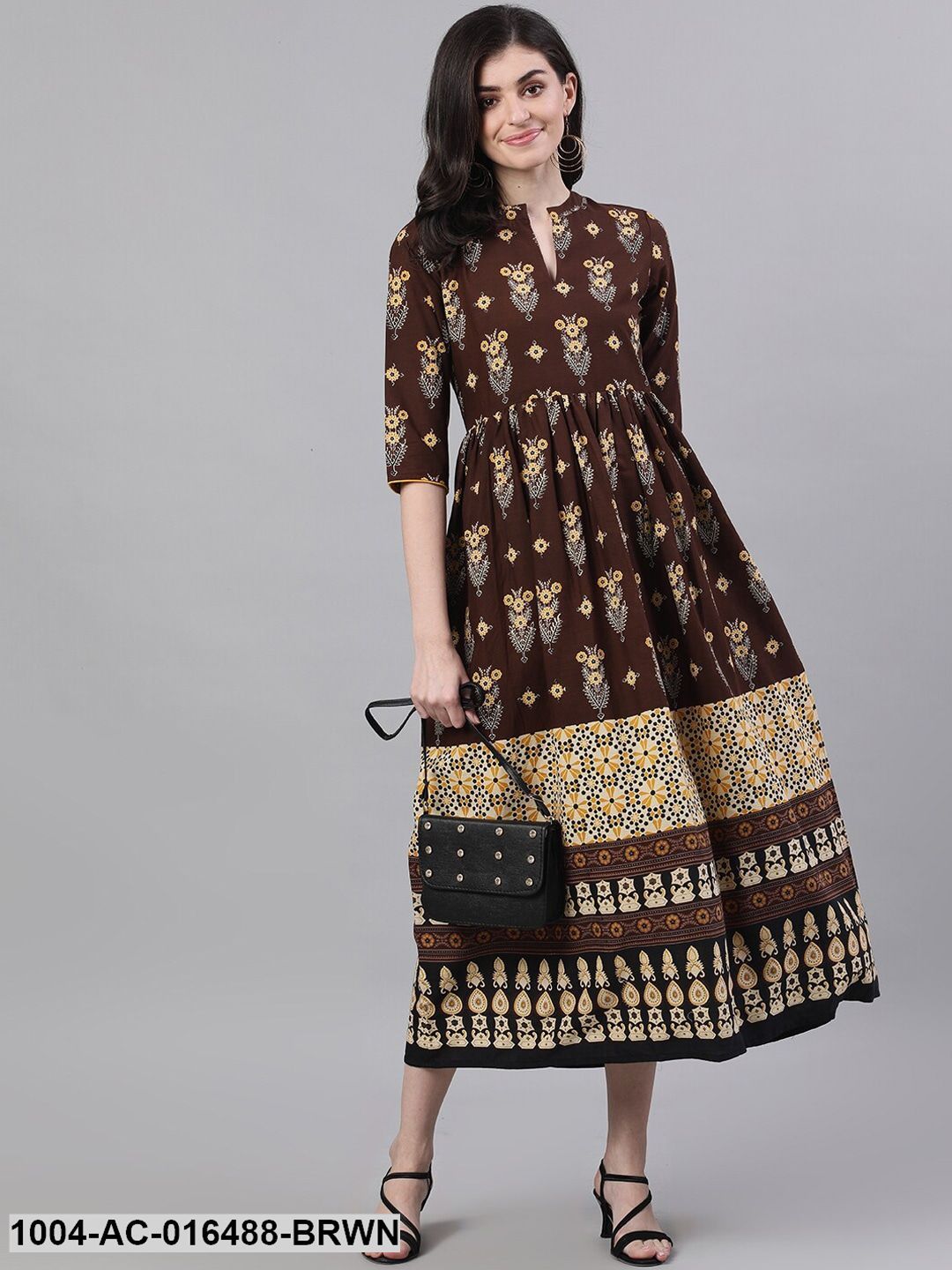 Brown Ethnic Motifs Printed Mandarin Collar Cotton Maxi Dress