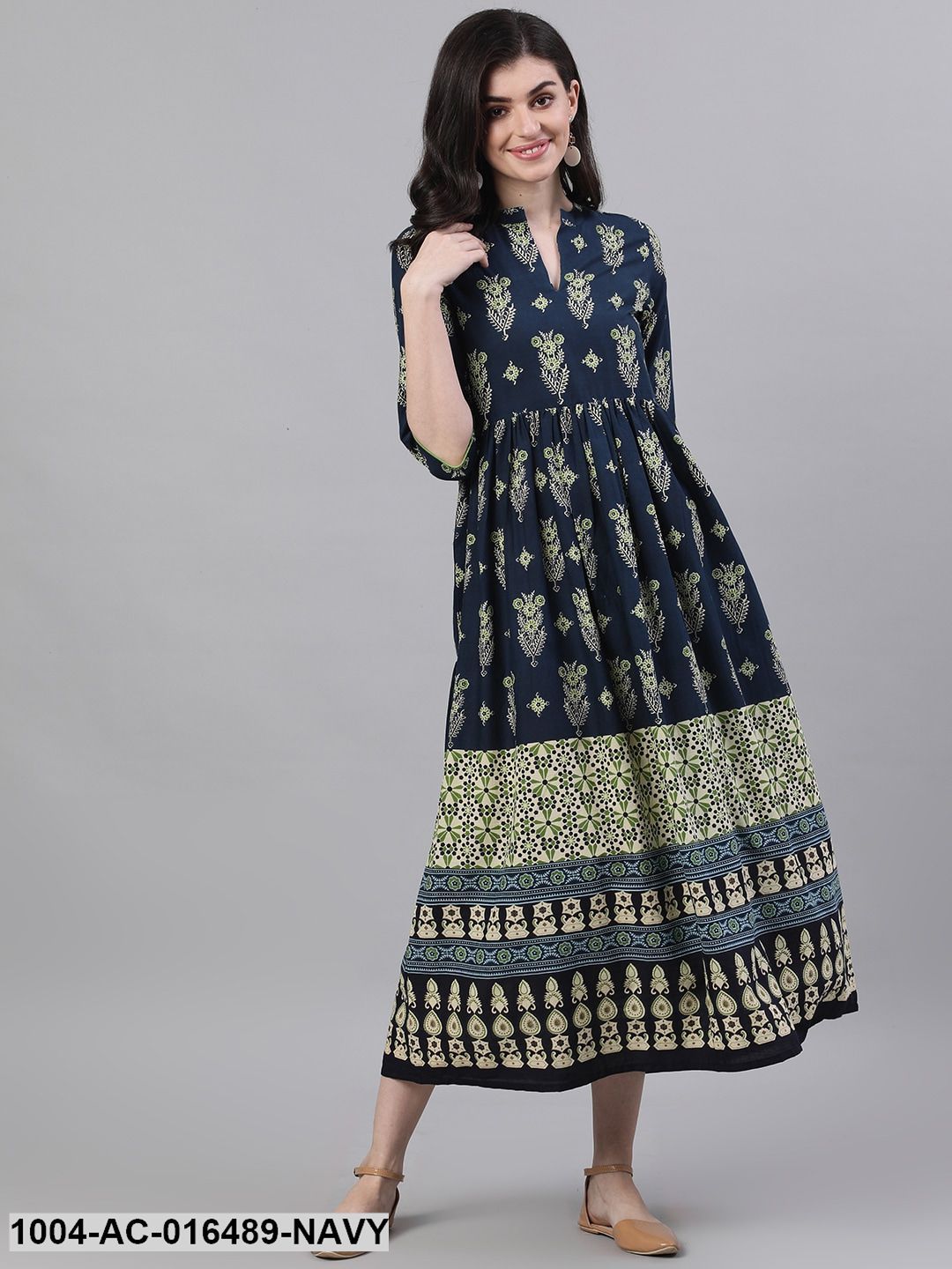 Navy Blue Ethnic Motifs Printed Mandarin Collar Cotton Maxi Dress Trendphoria Navy Blue Ethnic Motifs Printed Mandarin Collar Cotton Maxi Dress Trendphoria