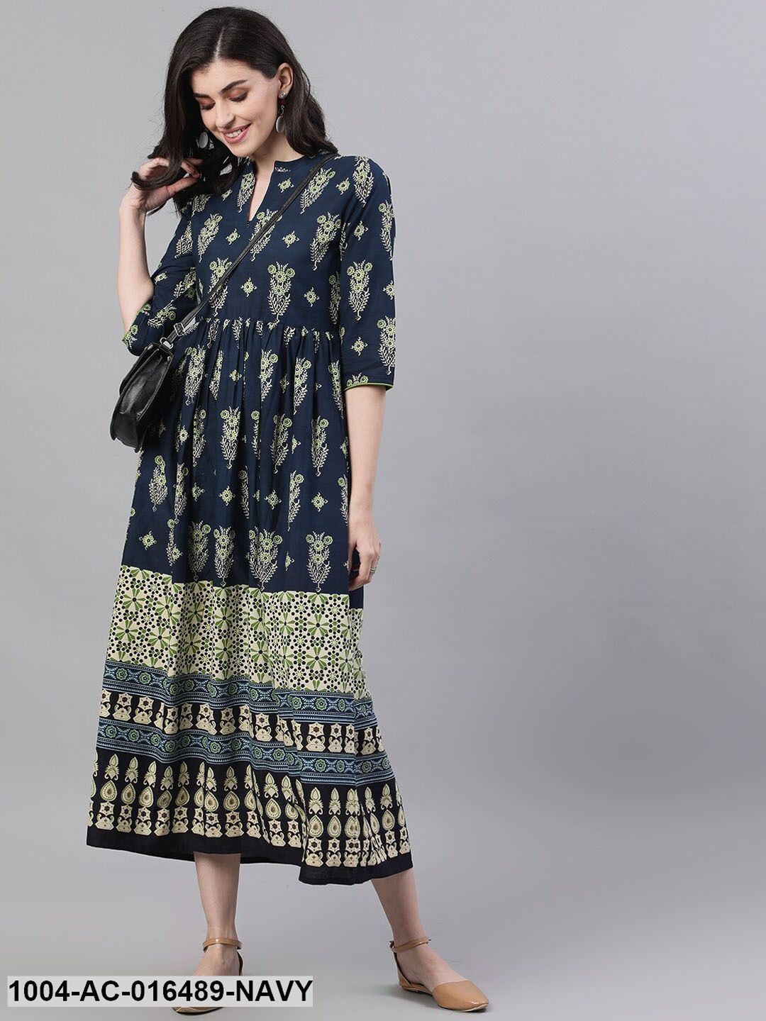 Navy Blue Ethnic Motifs Printed Mandarin Collar Cotton Maxi Dress