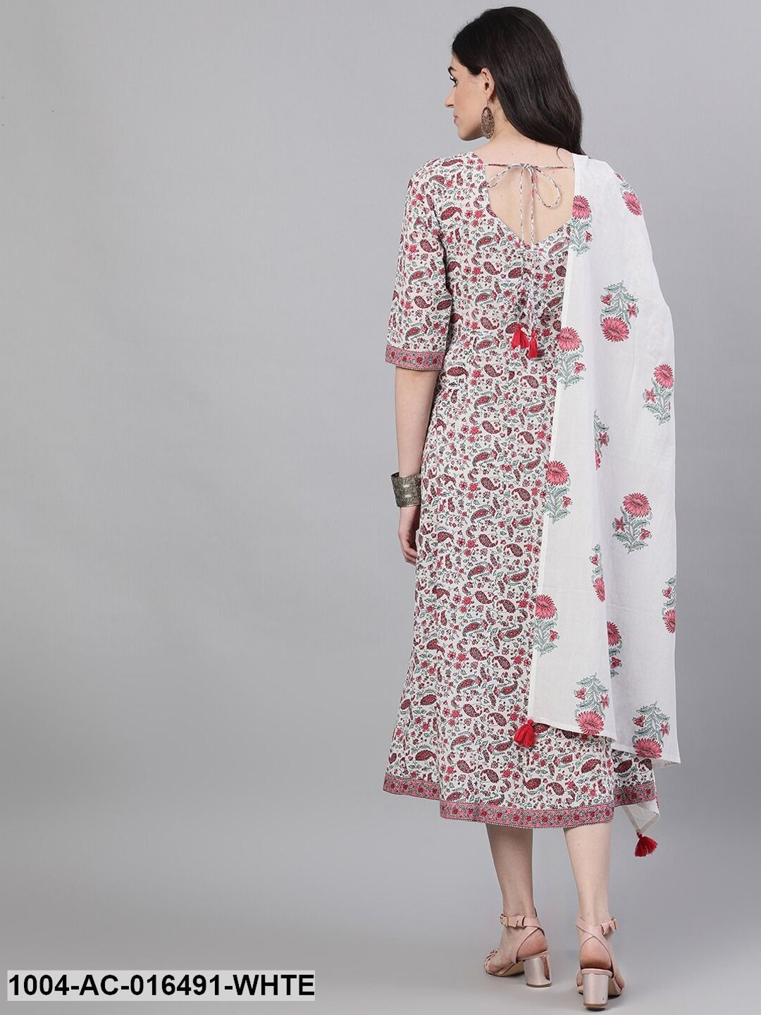 White Ethnic Motifs Printed V-Neck Cotton Maxi Dress With Dupatta