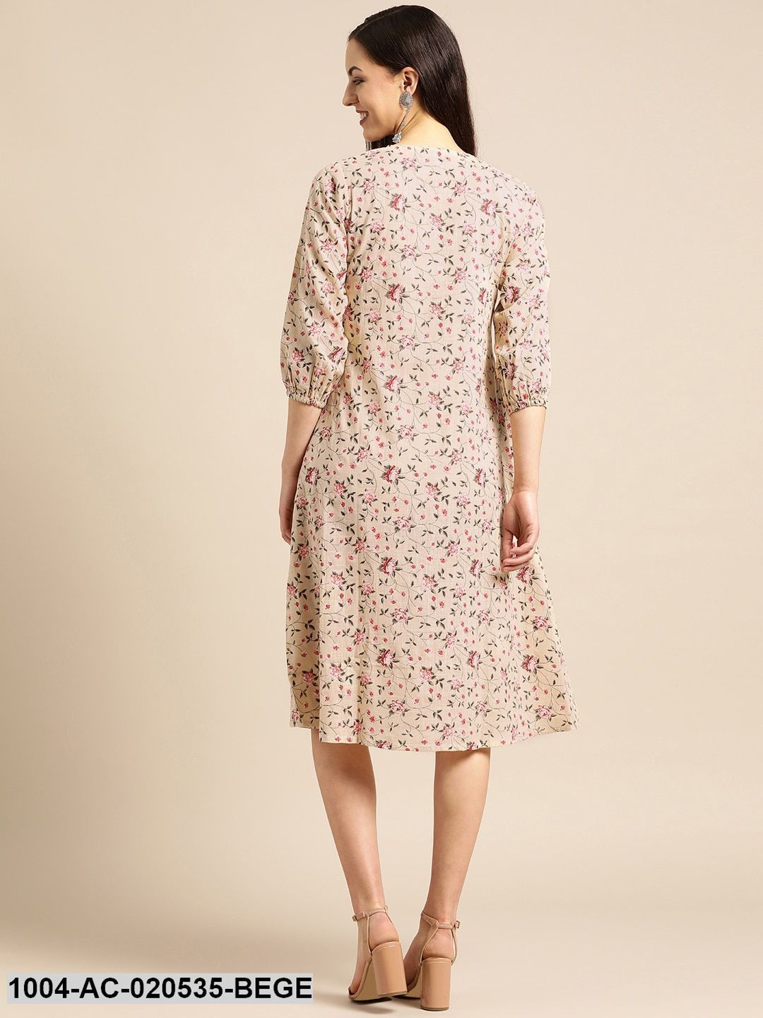 Beige & Red Floral Print A-Line Dress