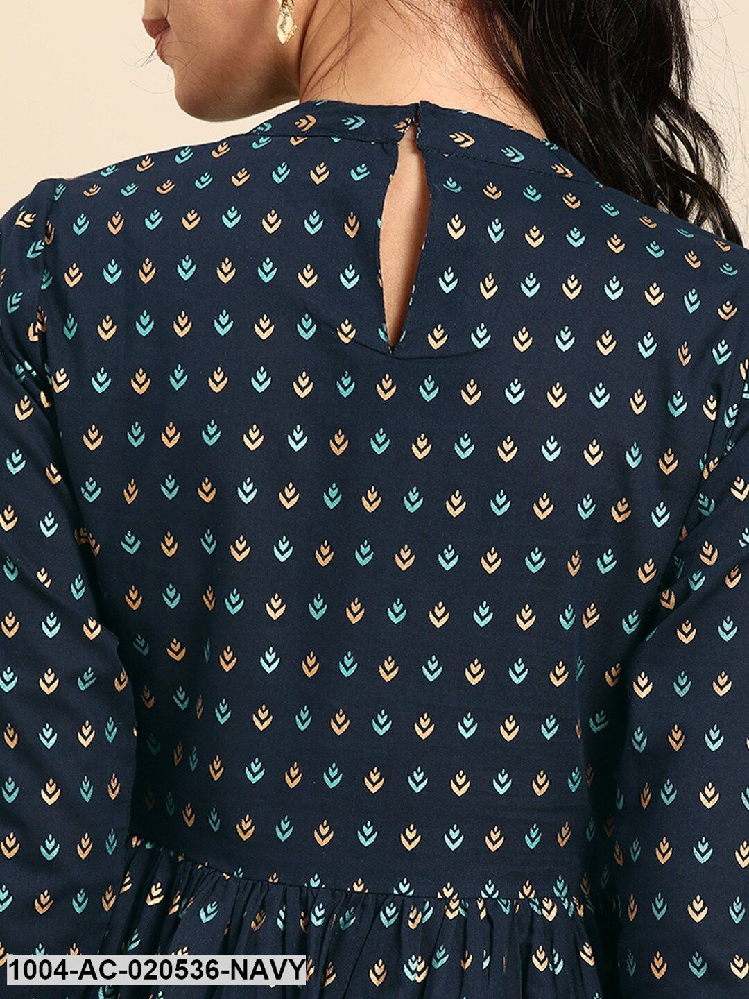 Navy Blue Printed A-Line Dress With Gathered Detail