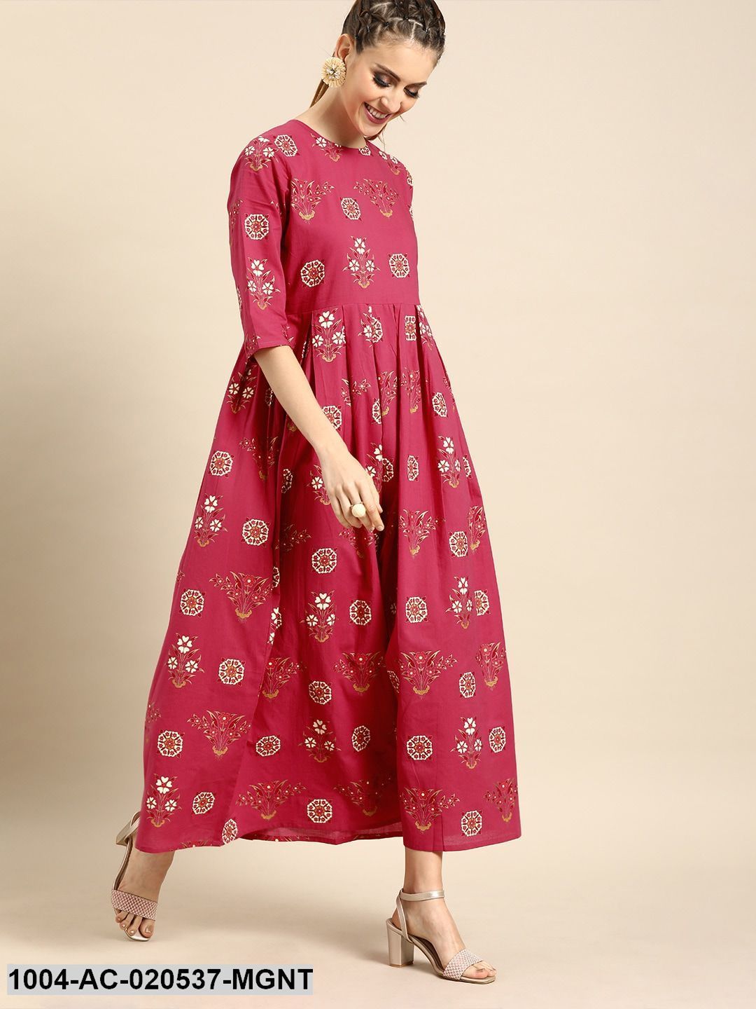 Magenta & Off-White Printed A-Line Dress