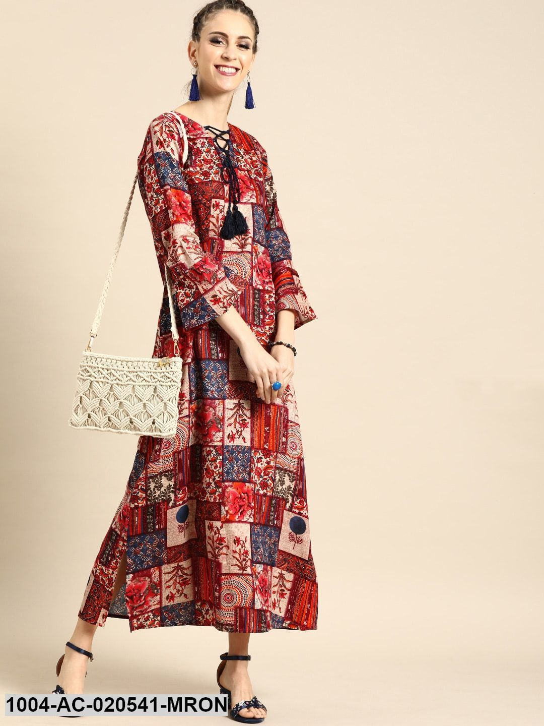 Maroon & Beige Printed Maxi Dress