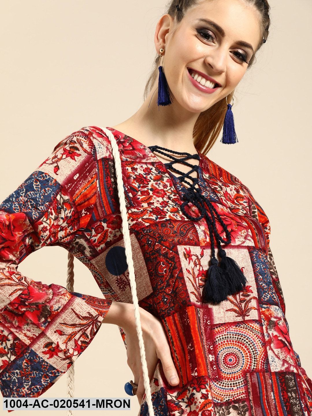 Maroon & Beige Printed Maxi Dress