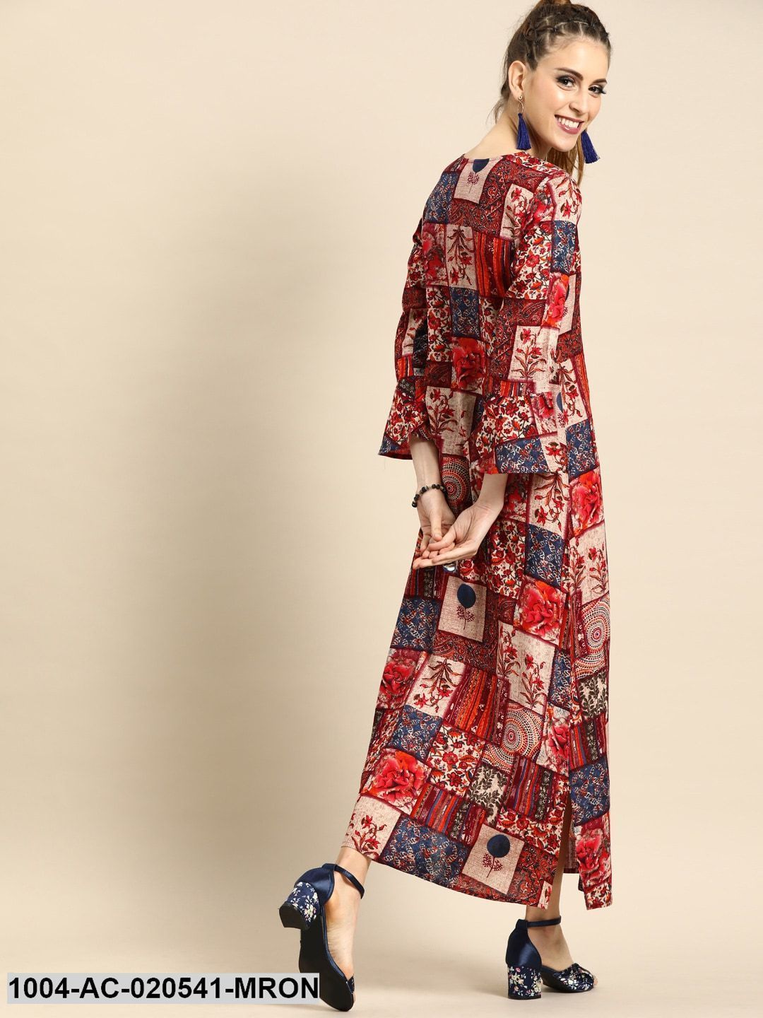 Maroon & Beige Printed Maxi Dress