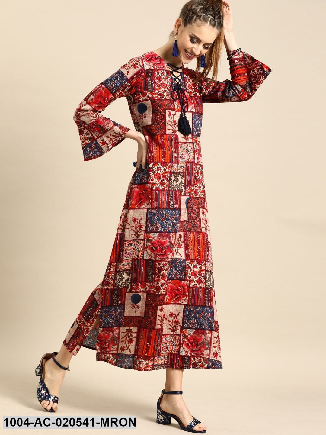 Maroon & Beige Printed Maxi Dress