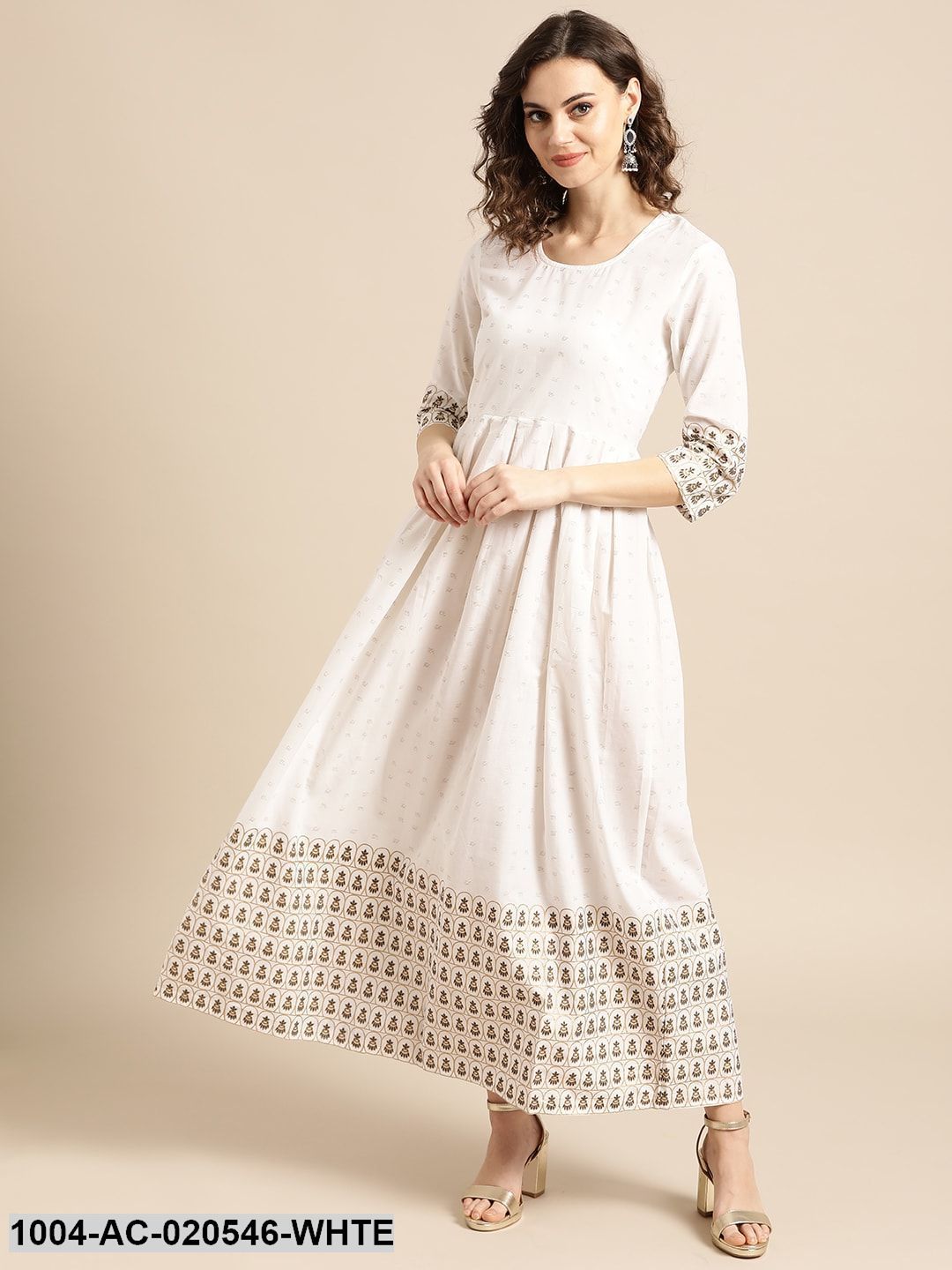 White & Golden Printed Maxi Dress