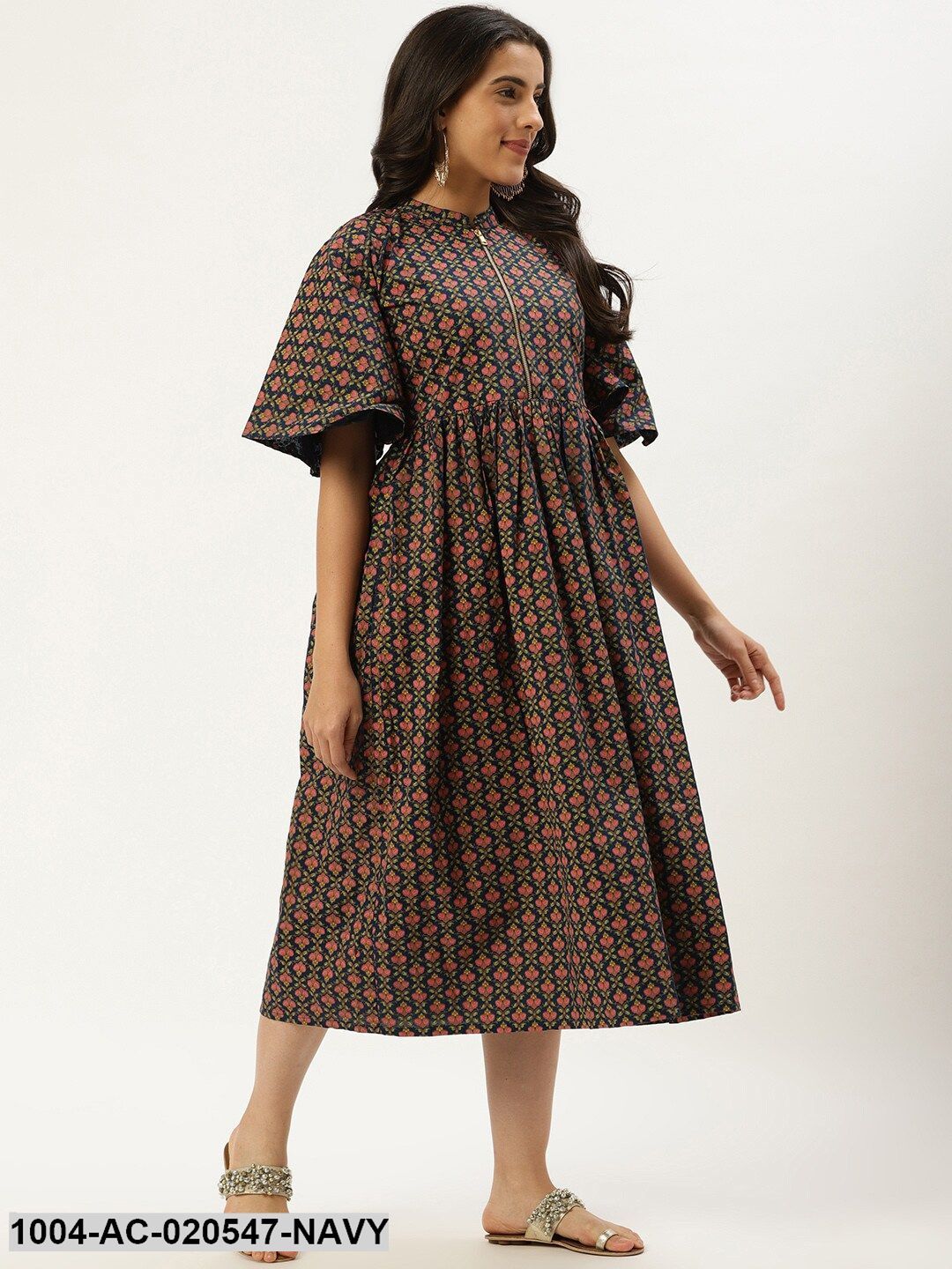 Navy Blue & Pink Printed A-Line Dress