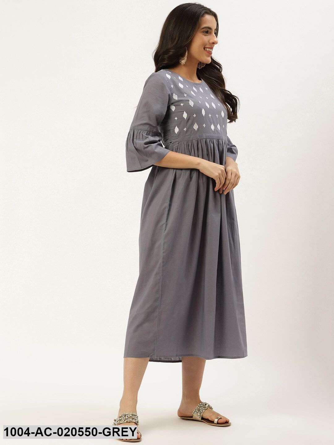 Grey & White Embroidered Yoke design A-Line Dress