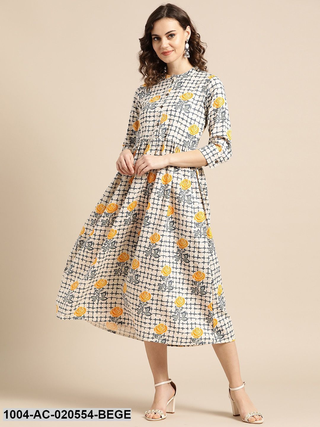 Beige & Navy Blue Printed A-Line Dress