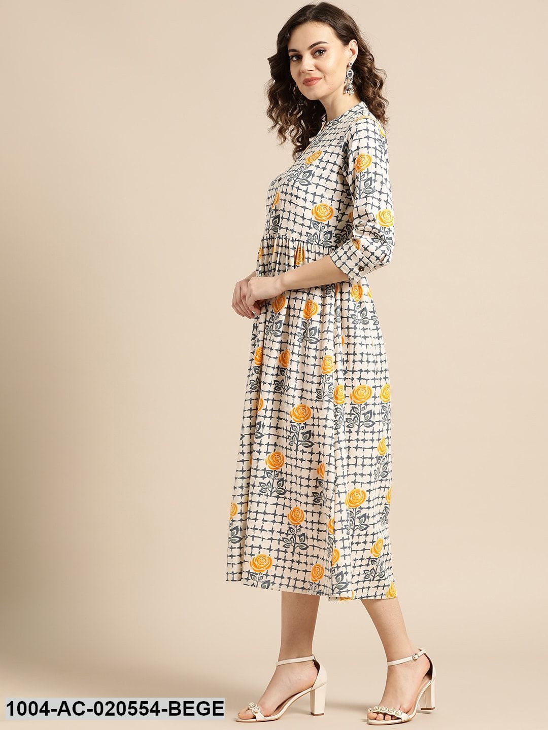 Beige & Navy Blue Printed A-Line Dress