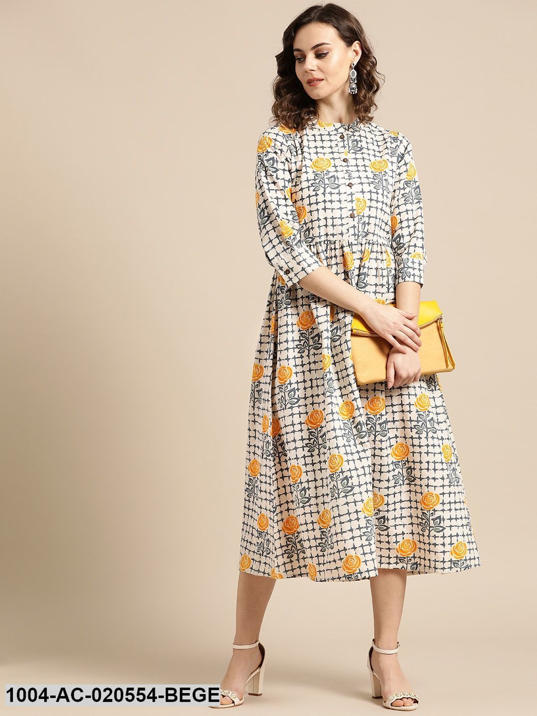 Beige & Navy Blue Printed A-Line Dress