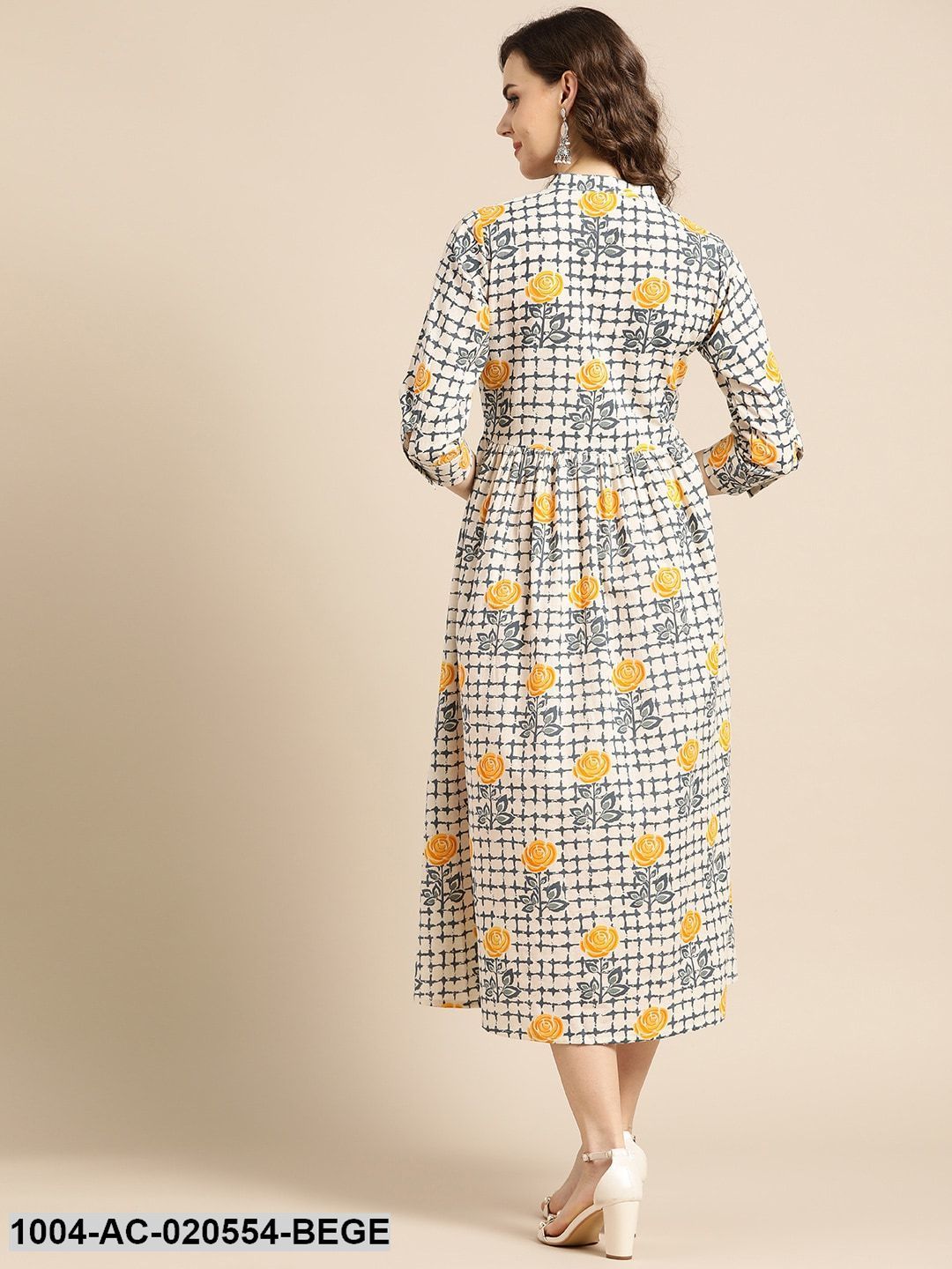 Beige & Navy Blue Printed A-Line Dress