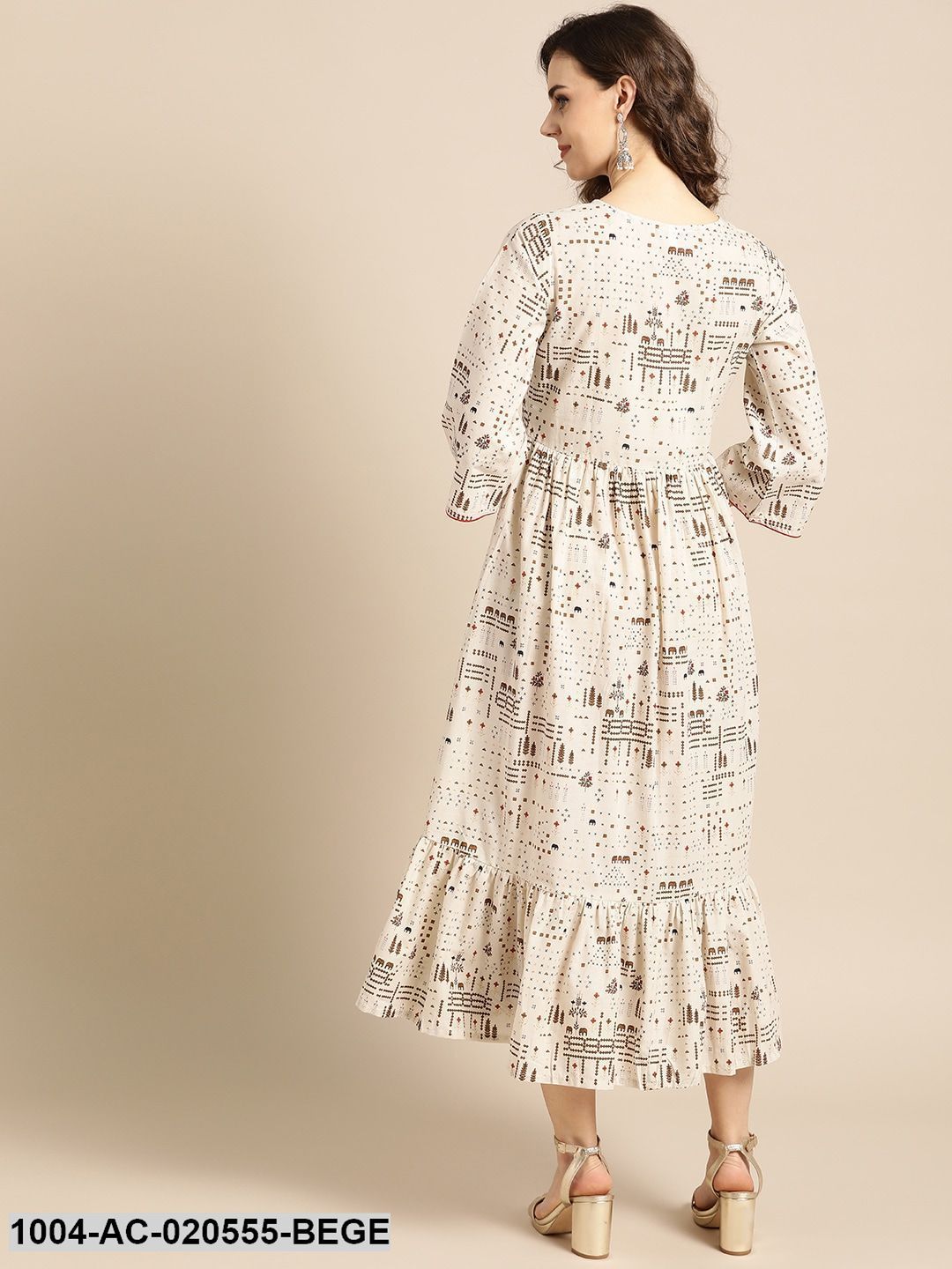 Beige & Brown Printed A-Line Dress