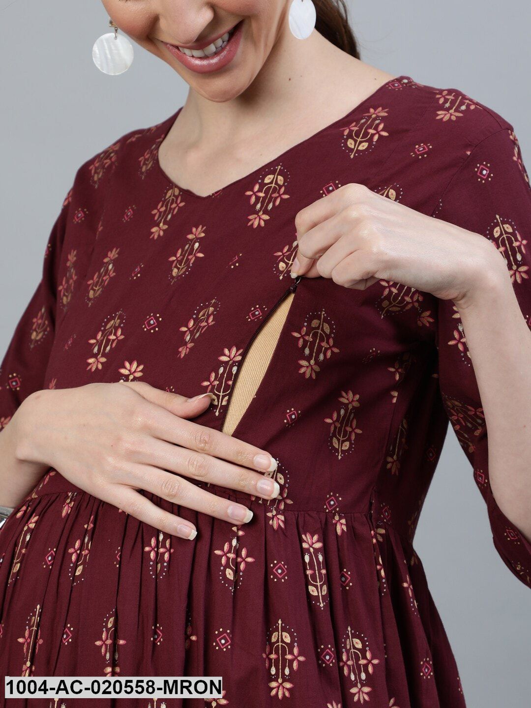 Maroon Ethnic Motifs Cotton Maternity Maxi Dress