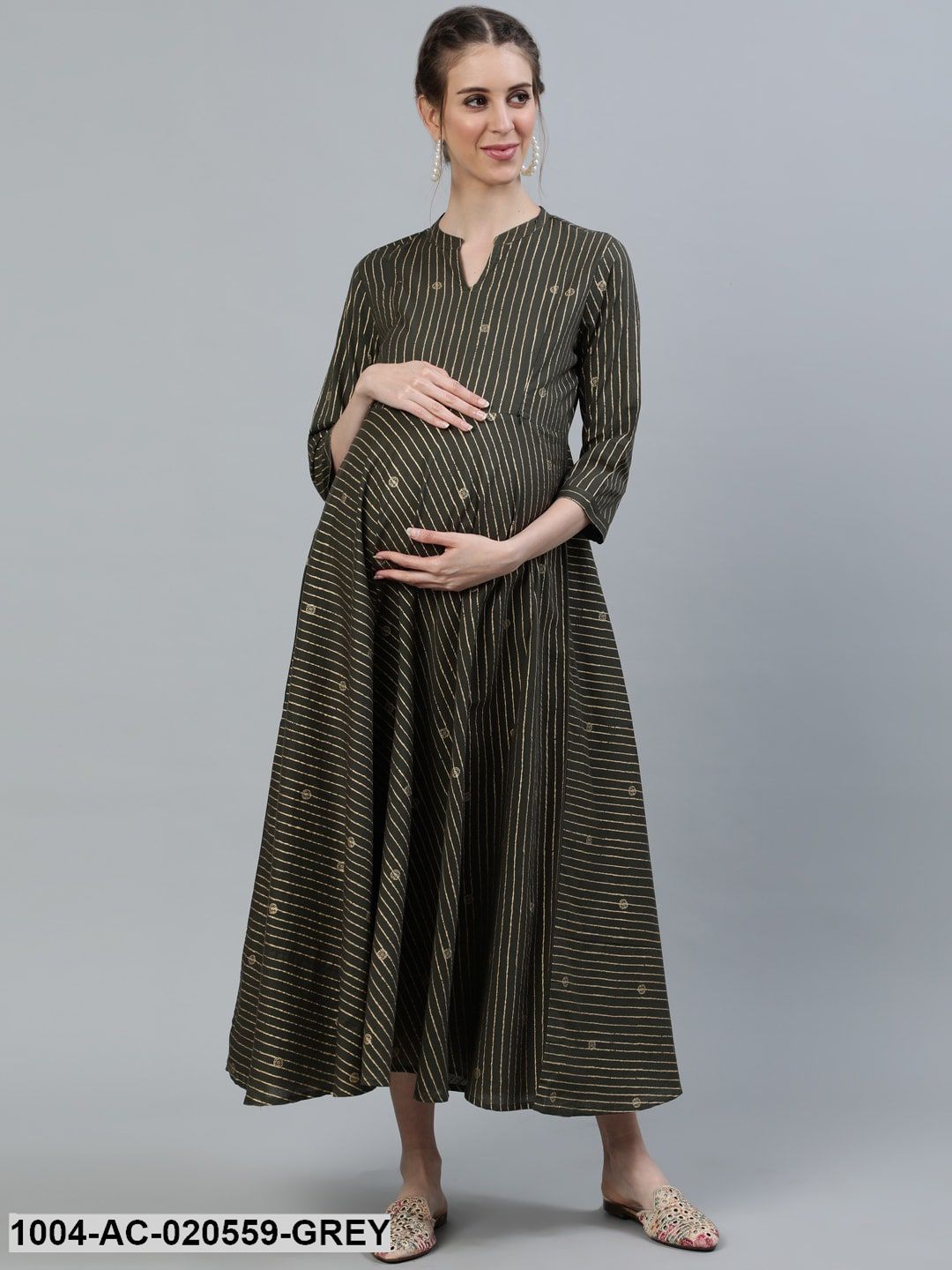 Grey & Gold-Toned Mandarin Collar Maternity Cotton Midi Dress