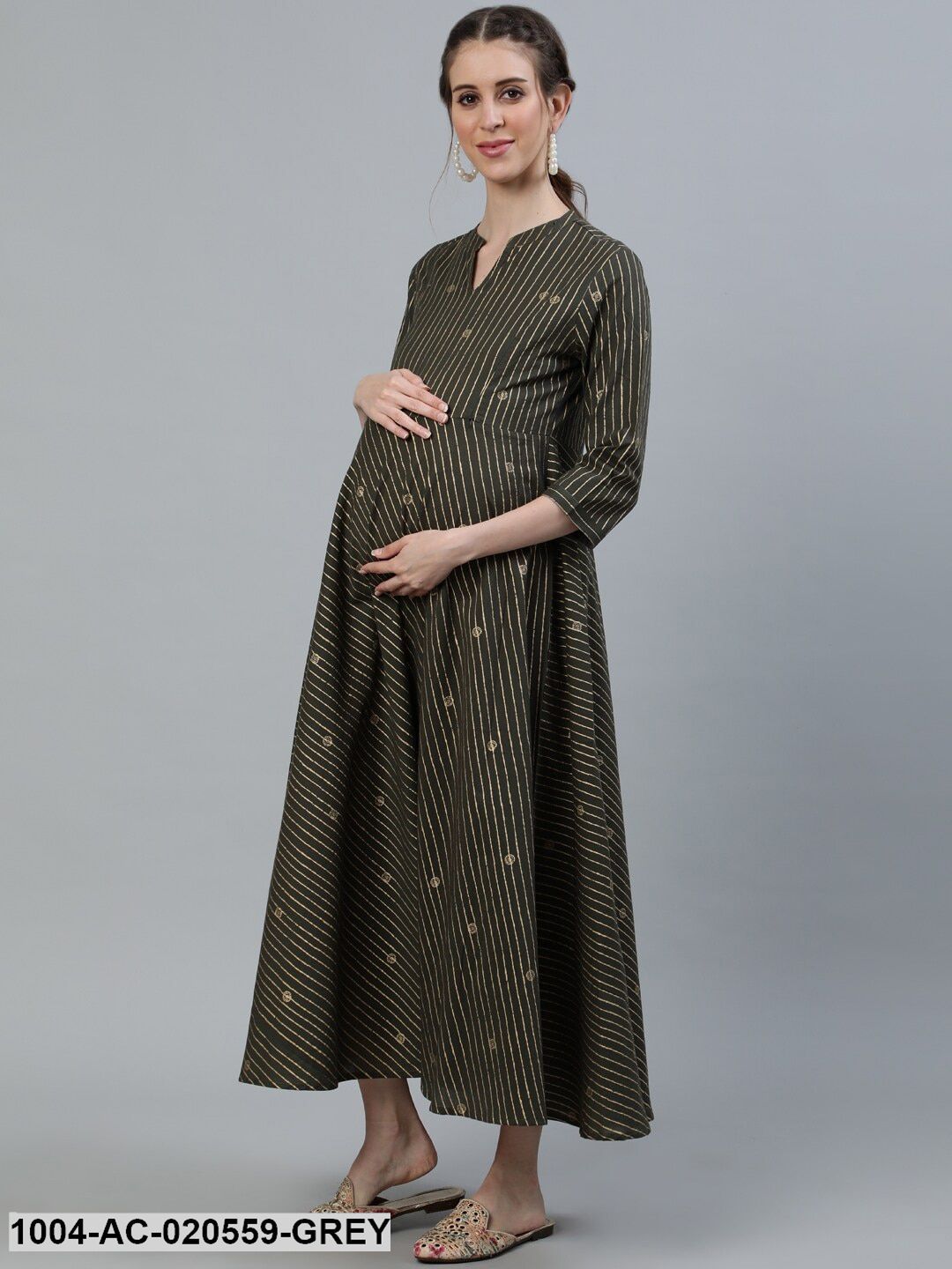 Grey & Gold-Toned Mandarin Collar Maternity Cotton Midi Dress