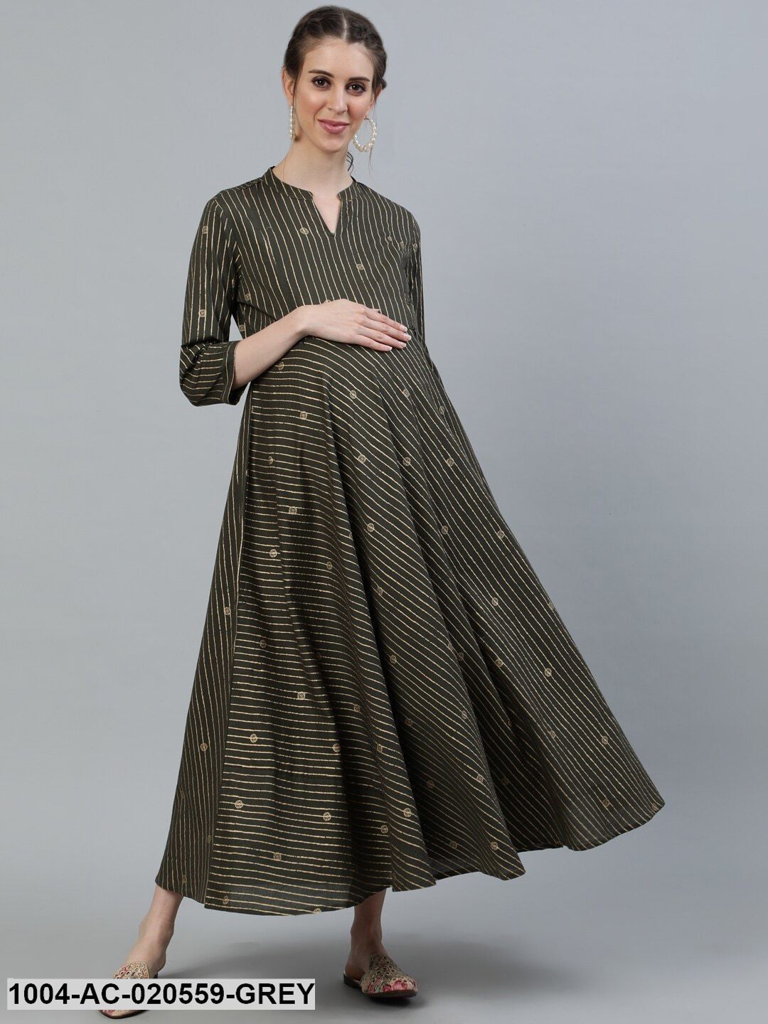 Grey & Gold-Toned Mandarin Collar Maternity Cotton Midi Dress