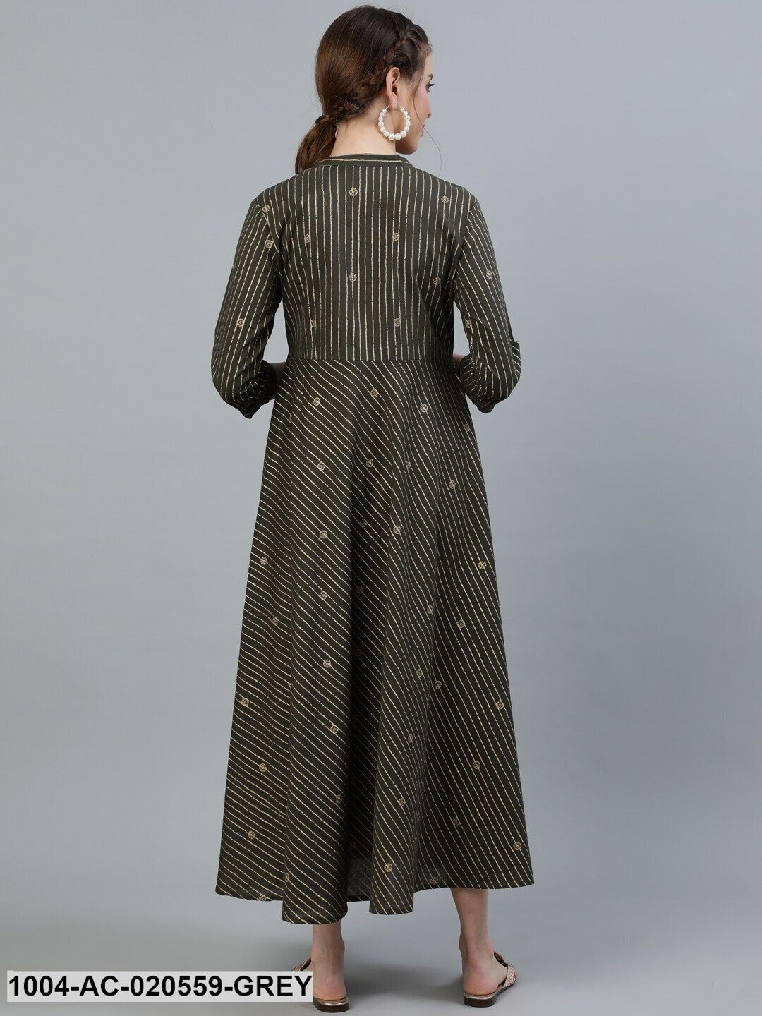 Grey & Gold-Toned Mandarin Collar Maternity Cotton Midi Dress