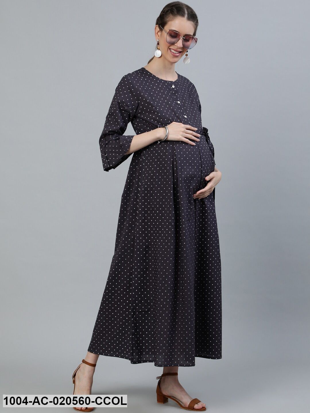 Charcoal Polka Dots Maternity Maxi Dress