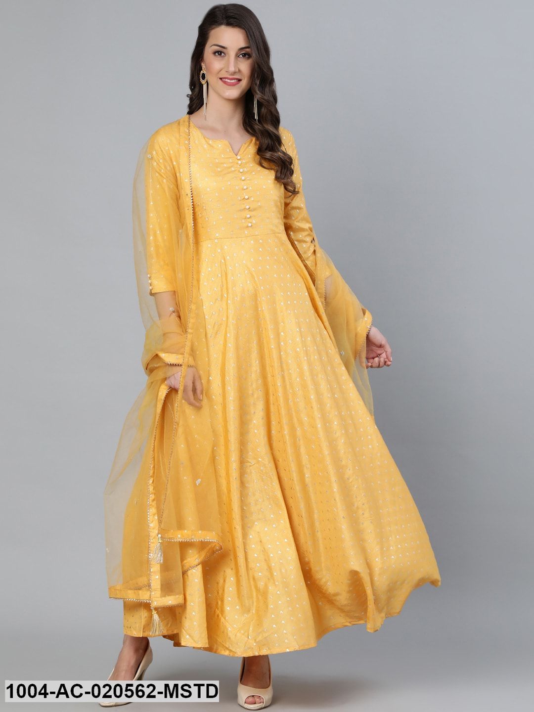 Mustard Foil Printed Maxi Dress With Embroidered Net Dupatta