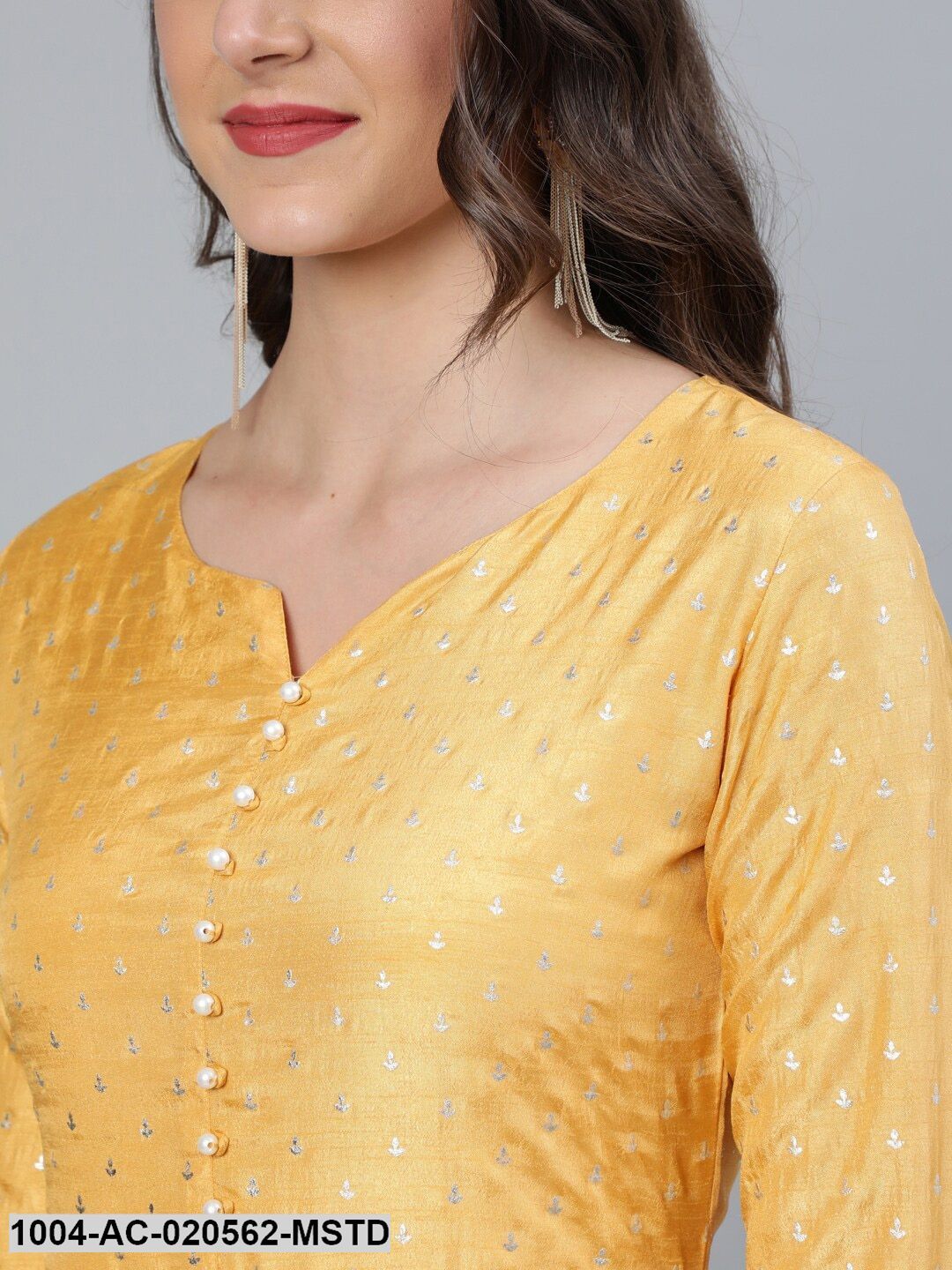 Mustard Foil Printed Maxi Dress With Embroidered Net Dupatta