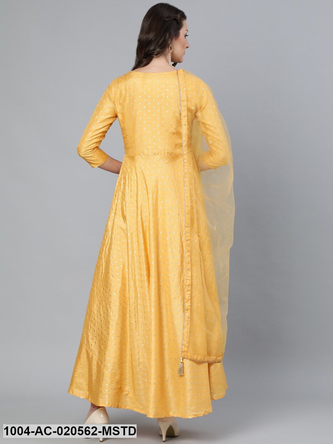 Mustard Foil Printed Maxi Dress With Embroidered Net Dupatta