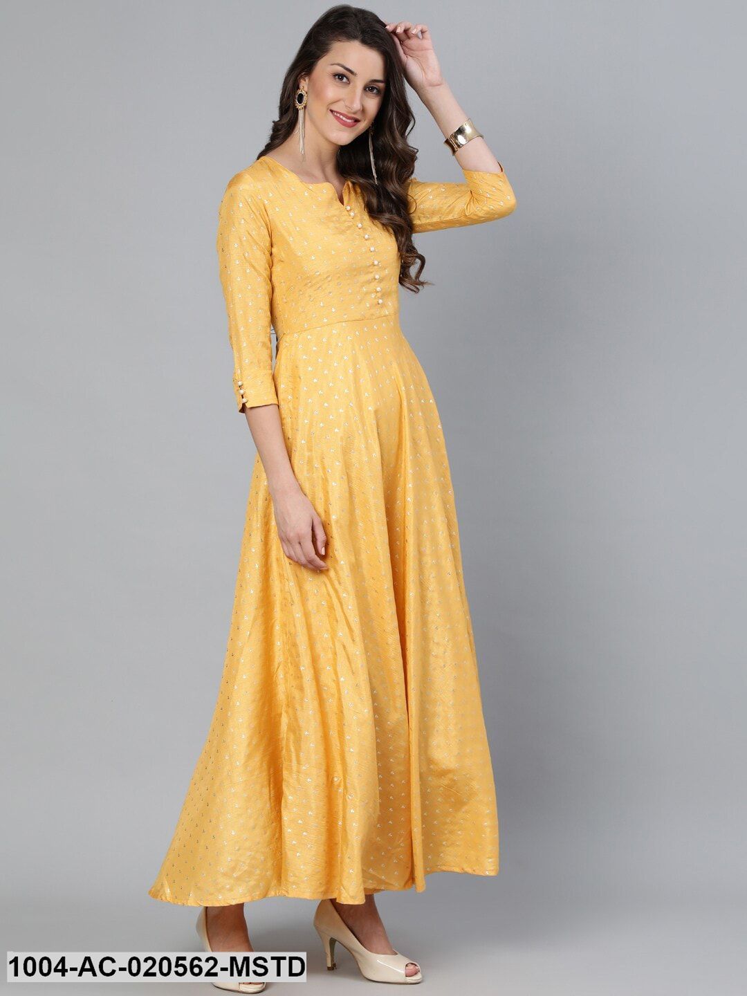 Mustard Foil Printed Maxi Dress With Embroidered Net Dupatta