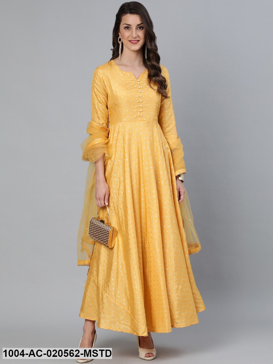 Mustard Foil Printed Maxi Dress With Embroidered Net Dupatta
