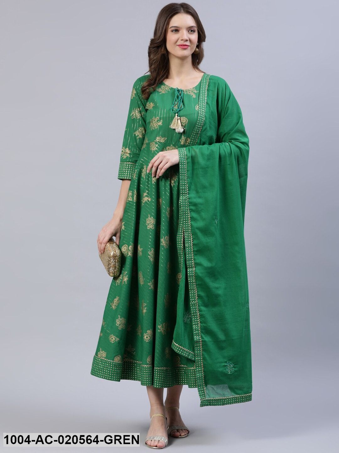 Green & Golden Printed Dress With Dupatta
