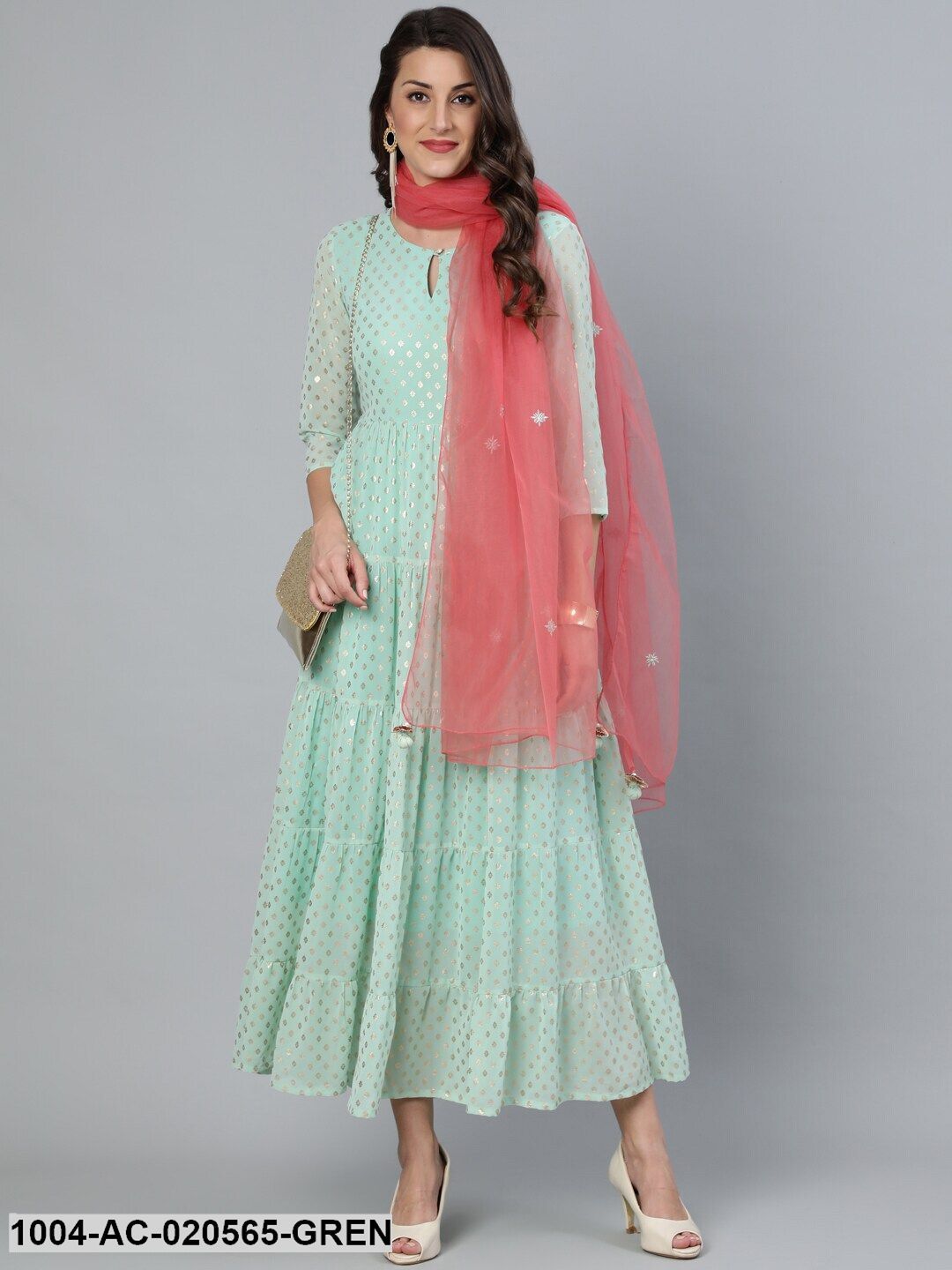 Green Foil Printed Layered Maxi Dress With Pink Embroidered Dupatta
