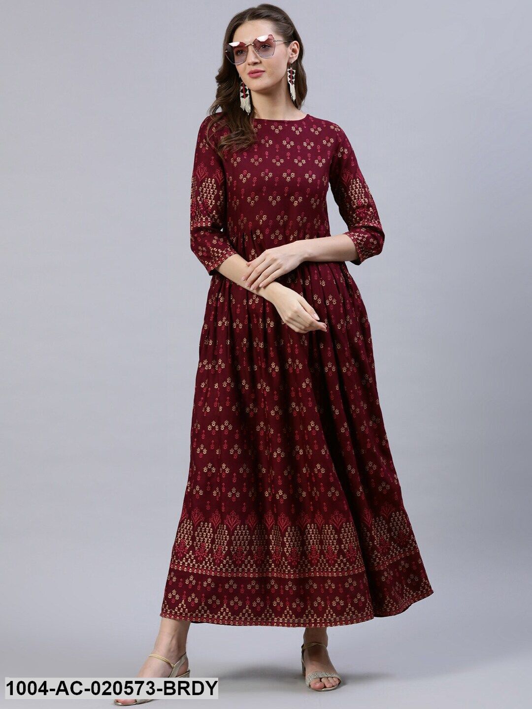 Burgundy Ethnic Motifs Maxi Dress
