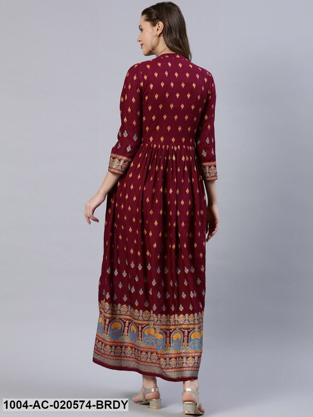 Burgundy Ethnic Motifs Maxi Dress