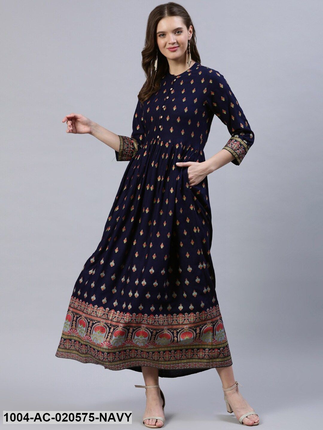 Navy Blue & Peach-Coloured Ethnic Motifs Maxi Dress