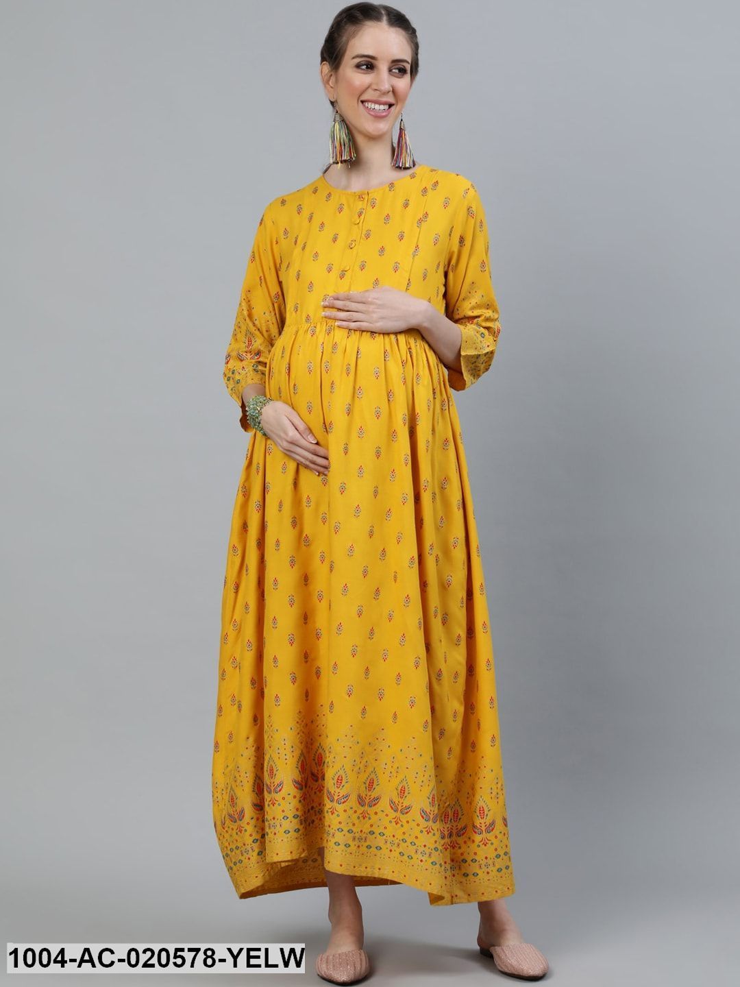 Yellow & Red Ethnic Motifs Maternity Maxi Dress